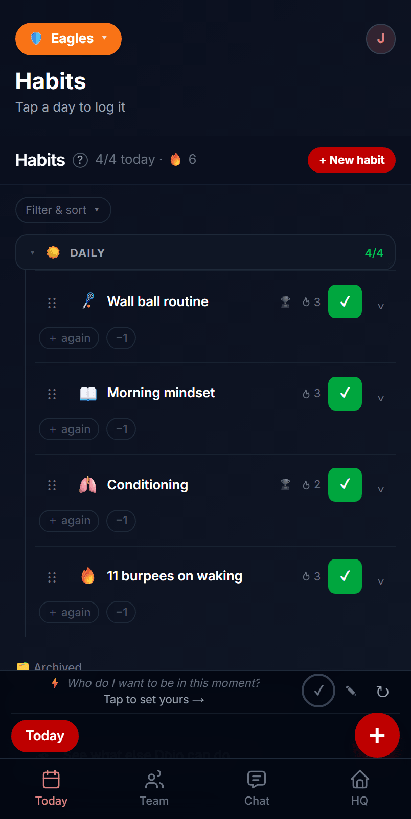 The Habits screen on a phone: three of four habits logged today, each with a streak count